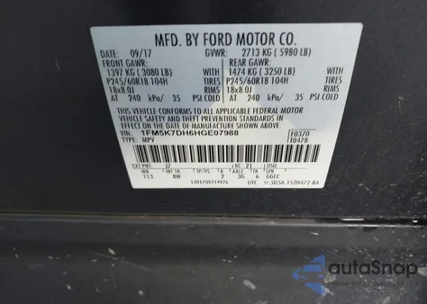 2017 Ford Explorer Xlt z USA, uszkodzony, nr VIN 1FM5K7DH6HGE07988